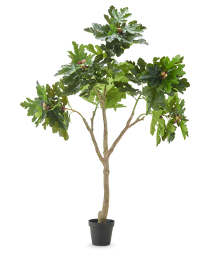 De Kunstplant Ficus Carica vijgenboom 210 cm heeft meerdere takken, weelderige groene bladeren en verschillende onrijpe vijgen tegen een effen witte achtergrond.