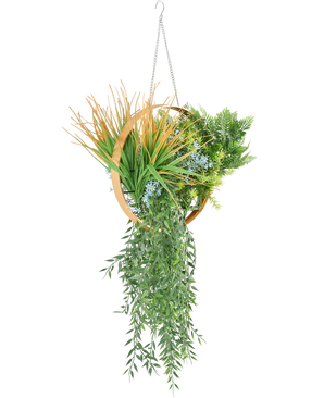 La planta artificial colgante Helecho UV 30 cm en anillo dorado tiene varias plantas artificiales, como helechos, enredaderas en cascada, hierba puntiaguda y flores azules, dispuestas en un anillo dorado con una cadena para colgar.