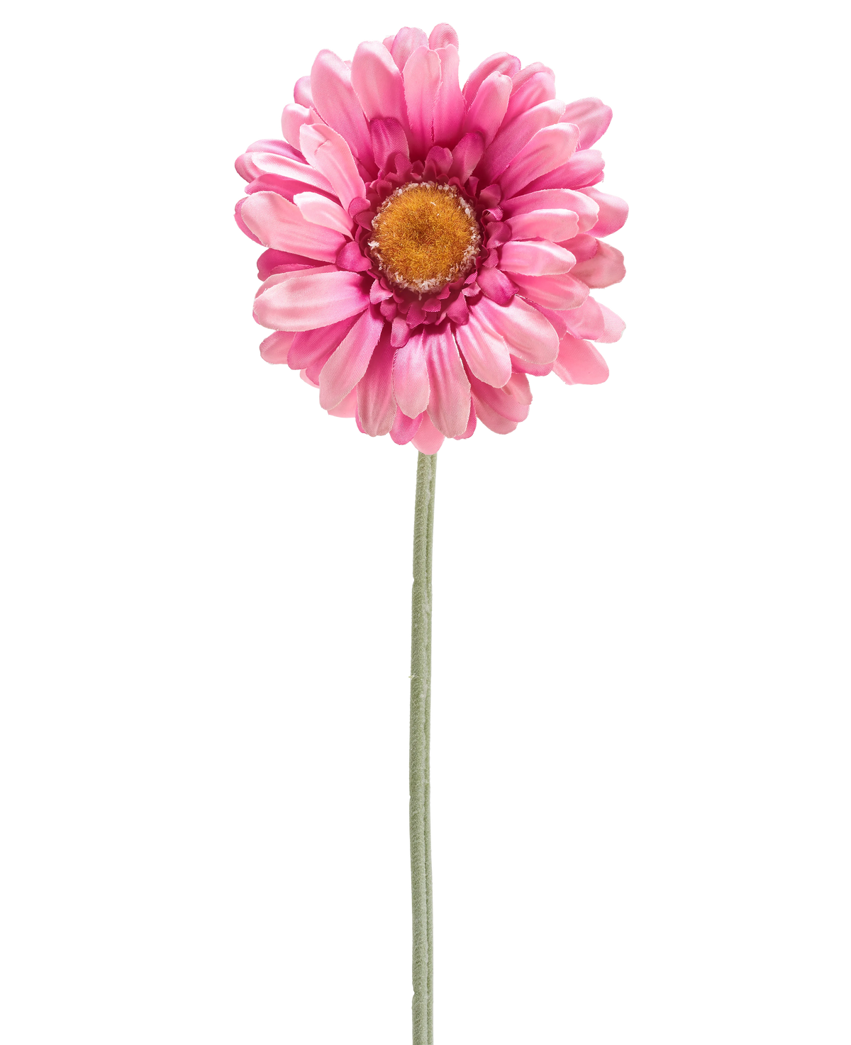 La Flor Artificial Gerbera 53 cm rosa oscuro es una única margarita artificial de color rosa oscuro con un corazón amarillo sobre un largo tallo verde, aislada sobre un fondo blanco.