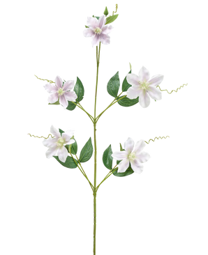 De Kunstbloem Celematis 78 cm wit heeft een enkele groene stengel met vijf witte stervormige bloemen, meerdere groene bladeren die symmetrisch gerangschikt zijn en gekrulde ranken. De achtergrond is egaal wit.