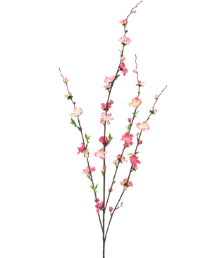 De Kunstbloem Bloesem 93 cm fuchsia/roze heeft drie slanke takken met kleine groene blaadjes en trossen fuchsia en roze bloesems, geïsoleerd op een witte achtergrond.
