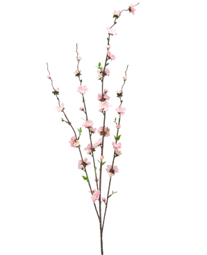 De Kunstbloem Bloesem 93 cm roze heeft drie slanke bruine takken met kleine lichtroze bloesems en groene bladeren, verspreid over de stelen voor een delicate, luchtige uitstraling tegen een witte achtergrond.
