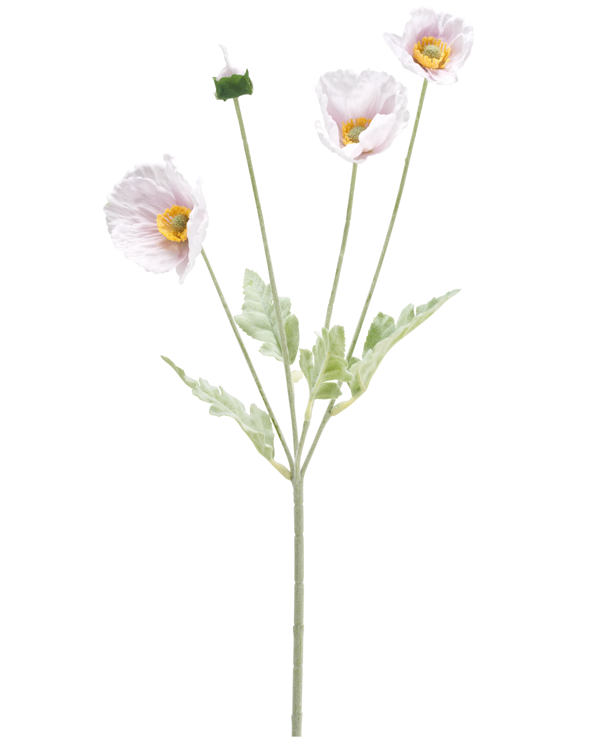 La Flor Artificial Amapola Real Touch violeta 60 cm tiene un solo tallo con tres flores de amapola de color violeta claro, un capullo cerrado, corazones amarillos, pétalos delicados y hojas de color verde claro sobre un fondo blanco.
