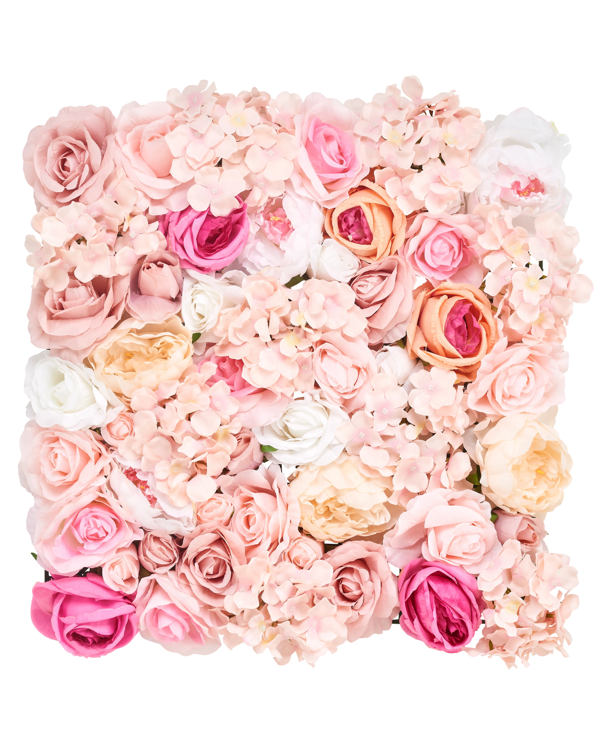 El seto artificial de flores de 50x50 cm rosa claro tiene un arreglo cuadrado de rosas y hortensias artificiales en tonos rosa suave, melocotón, blanco y crema, densamente empaquetadas para una exhibición floral exuberante.