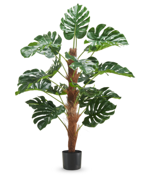 De Kunstplant Monstera 120 cm is een kunstplant in pot met grote, glanzende groene bladeren en een bruine stengel met textuur tegen een effen witte achtergrond.
