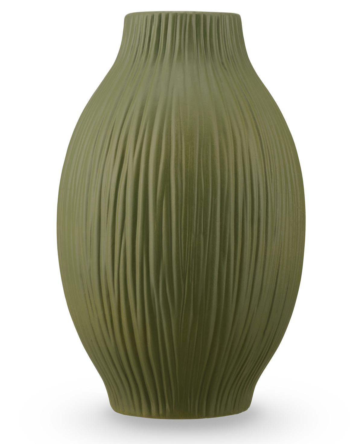 El Jarrón Silent Leaf 25 cm verde es un jarrón de cerámica verde con acabado mate y ranuras verticales en el cuerpo redondo, ligeramente ahusado, sobre un fondo blanco liso.
