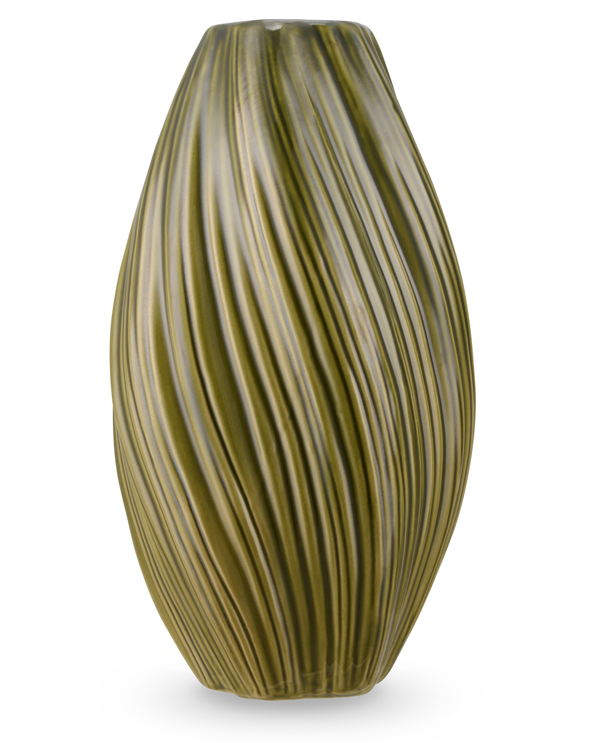 El Jarrón Soft Dune 26 cm verde es un jarrón alto de cerámica de color verde oliva con forma alargada con crestas onduladas verticales, creando una textura natural. Representado sobre un fondo blanco.