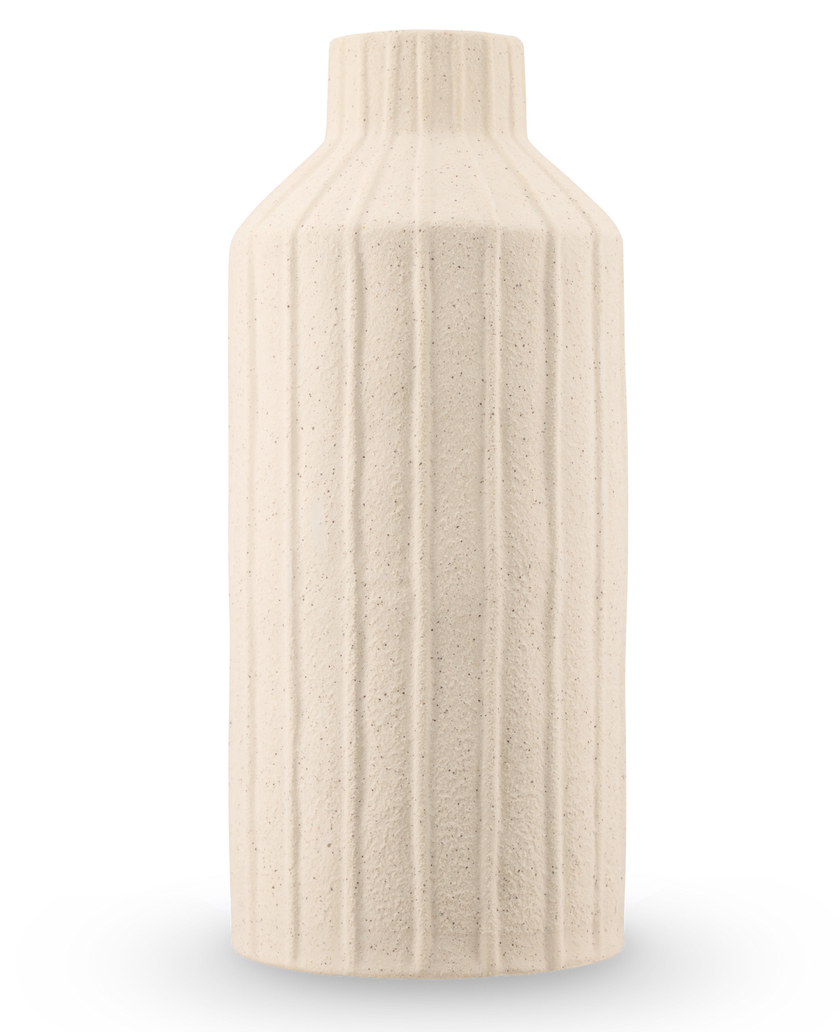 El jarrón Forest Curve de 30 cm beige es un jarrón de cerámica alto y cilíndrico con una superficie estructurada mate con motivos acanalados verticales y un cuello estrecho.