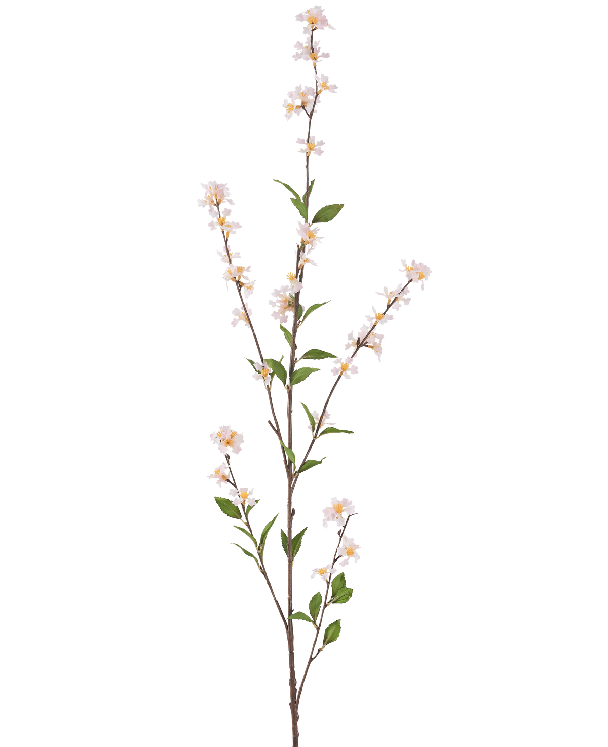 La flor artificial Flowers 119 cm rubor es una rama artificial alta y esbelta con delicadas flores blancas y hojas verdes en toda su longitud, sobre un fondo blanco liso.