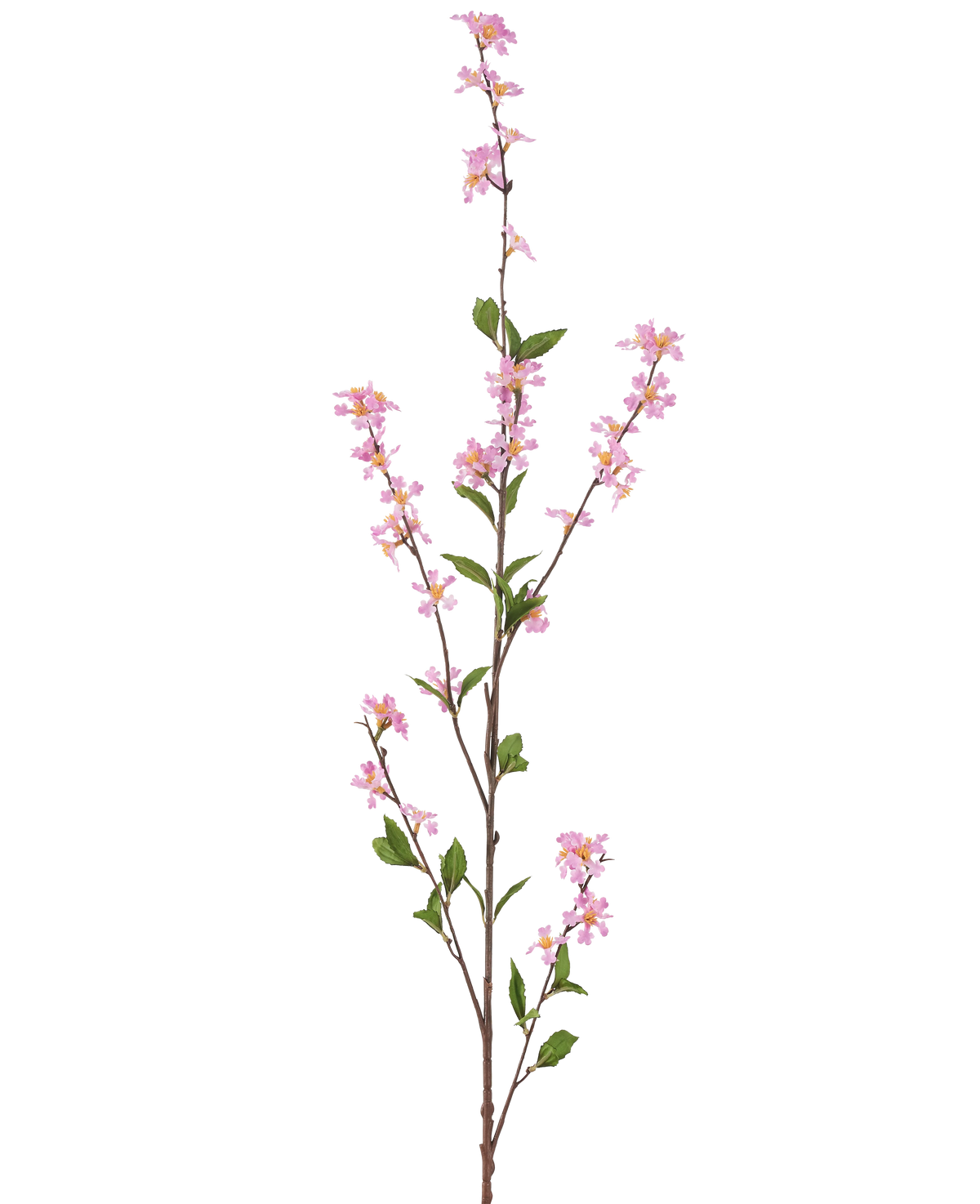 La flor artificial Flowers 119 cm rosa tiene una sola rama alta con pequeñas flores rosas y hojas verdes sobre finos tallos marrones, sobre un fondo blanco liso.