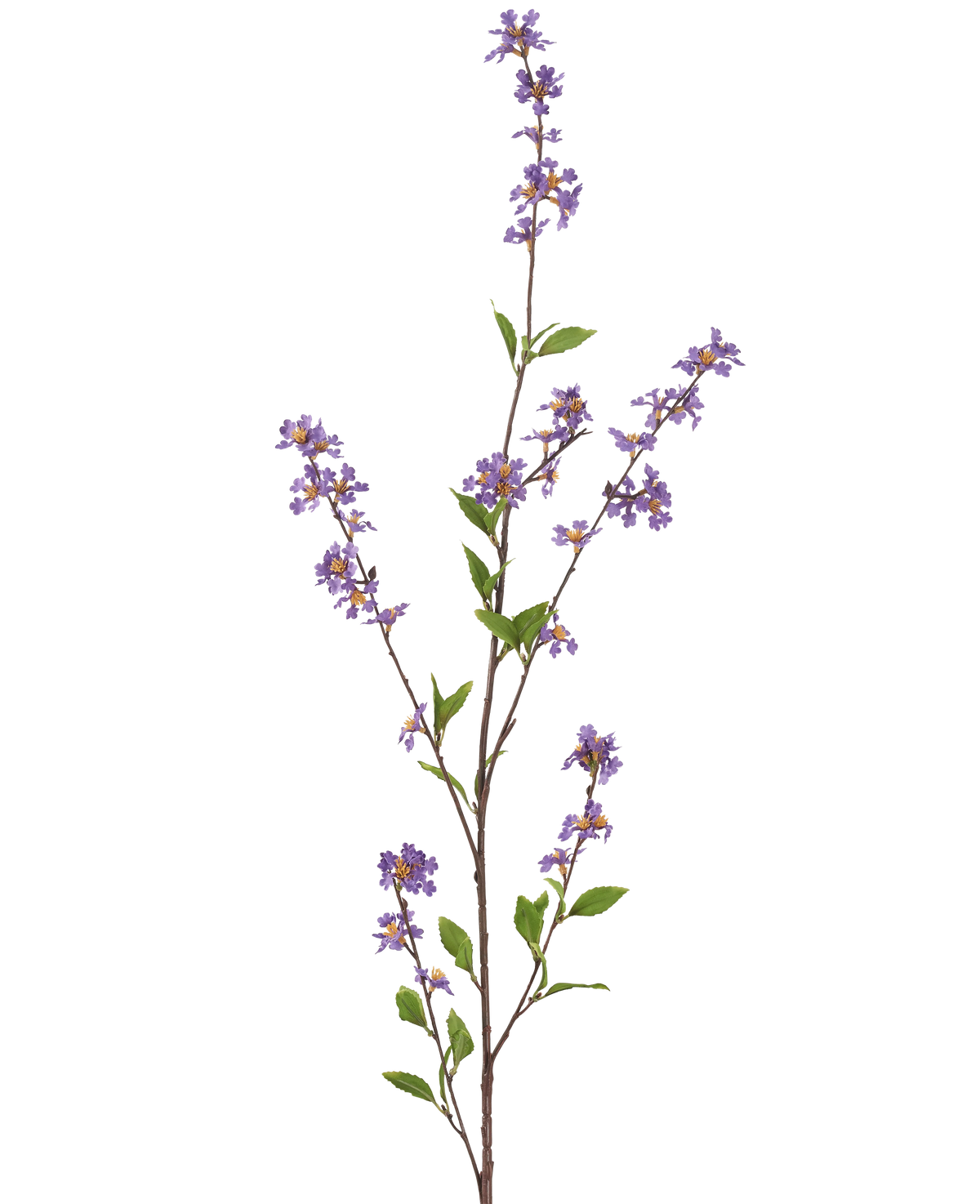 La Flor Artificial Flores 119 cm violeta tiene una rama alta y esbelta con ramos de pequeñas flores violetas y hojas verdes, perfecta para alegrar cualquier habitación.