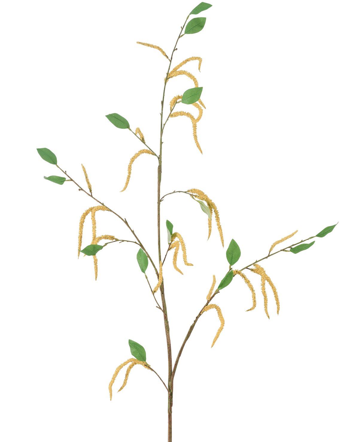 La flor artificial Amaranto 147 cm amarilla se compone de una rama delgada con hojas verdes y varios amentos amarillos colgantes, representados sobre un fondo blanco.