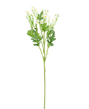 Flor artificial Daisy Mini 61 cm: flor artificial blanca en forma de margarita, con pétalos blancos, corazón amarillo y hojas verdes.