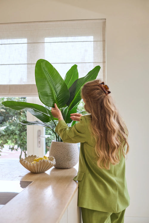 Una mujer con el pelo largo y ondulado, vestida con un traje verde, cuida una planta artificial Strelitzia Real Touch Deluxe de 90 cm en un mostrador junto a un cuenco de limones en una habitación luminosa con una ventana.