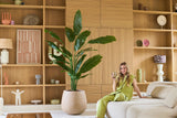 Una mujer vestida de verde está sentada en un sofá beige con una bebida en la mano, con la Planta Artificial Strelitzia Nicolai Deluxe 210 cm a su lado y estantes de madera con objetos decorativos al fondo.