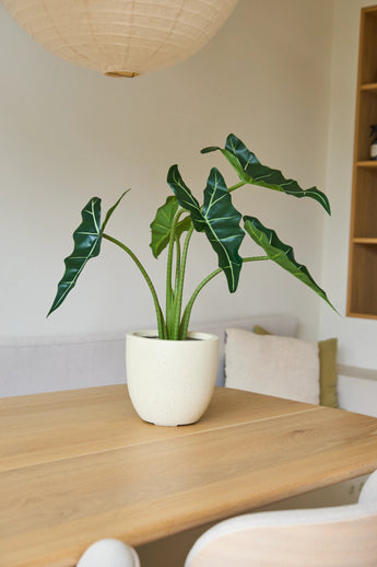 De Kunstplant Alocasia van 80 cm, met grote groene bladeren, staat op een lichte houten tafel in een minimalistische kamer met zachte verlichting en een neutrale inrichting.
