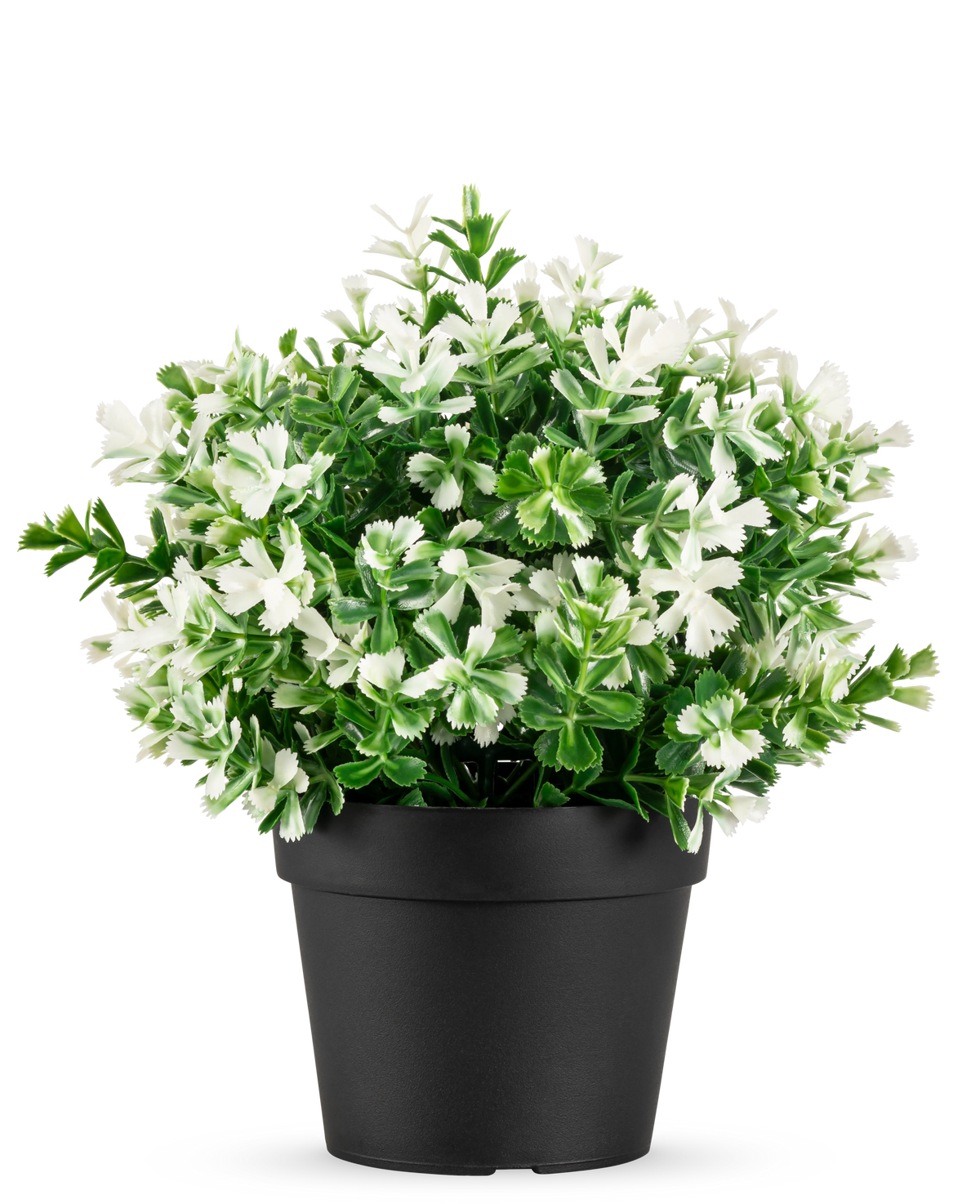 La Planta Artificial Trébol de Cuatro Hojas blanco UV 22 cm es una maceta negra con hojas verdes artificiales y pequeñas flores blancas sobre un fondo liso blanco.
