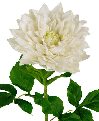 El Kunst Georgine Real Touch blanco de 70 cm tiene una gran dalia blanca en plena floración con pétalos en capas sobre un tallo y hojas verdes, sobre un fondo blanco liso.