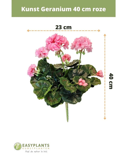 Geranio artificial de 40 cm rosa con hojas verdes, 23 cm de ancho. Se muestra sobre un fondo blanco con etiquetas de tallas y el logotipo Easyplants Kunstplanten en la parte inferior.