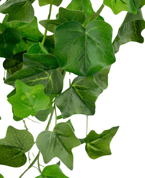 Un primer plano de Hiedra Artificial de 70 cm de color verde, con varias hojas de hiedra verdes superpuestas con nervaduras visibles, colgando sobre un fondo blanco.