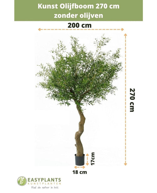 Olivo artificial 270 cm sin aceitunas en maceta, total 270 cm de alto y 200 cm de ancho. La maceta es adecuada para macetas decorativas, altura 17 cm, diámetro 18 cm. El texto holandés arriba/abajo muestra los tamaños y la marca.