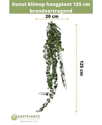 De Kunst klimop hangplant 125 cm brandvertragend is afgebeeld tegen een witte achtergrond met maataanduidingen en het Easyplants Kunstplanten logo onderaan.