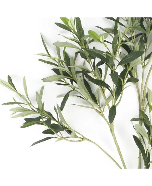 Un primer plano de la Hoja de Olivo Artificial 90 cm UV muestra esbeltas hojas verdes que añaden un ambiente mediterráneo a cualquier habitación sobre un fondo blanco.