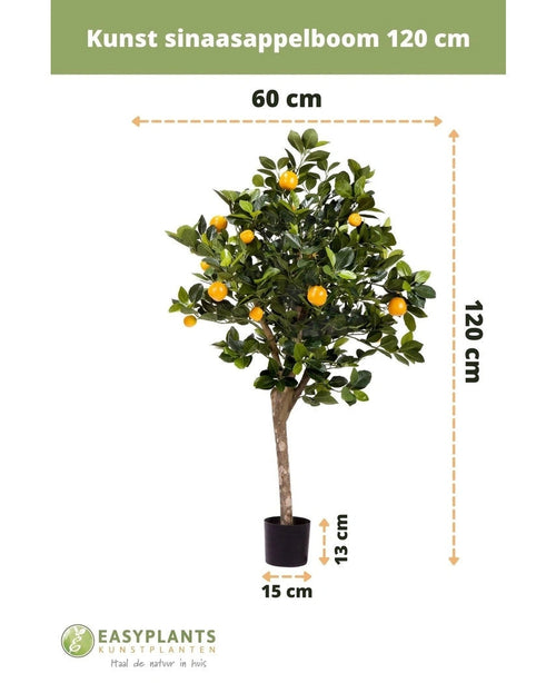 El naranjo artificial de 120 cm tiene hojas verdes y frutos de color naranja, está en una pequeña maceta negra (13x15 cm), mide 60 cm de ancho y viene con texto en holandés y el logo de EasyPlants.