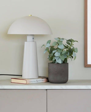 Una moderna lámpara blanca se alza sobre dos libros apilados uno encima del otro junto a la Art Pumila "Silver" en maceta UV 25 cm sobre un mueble con tapa de mármol contra una pared de color claro.