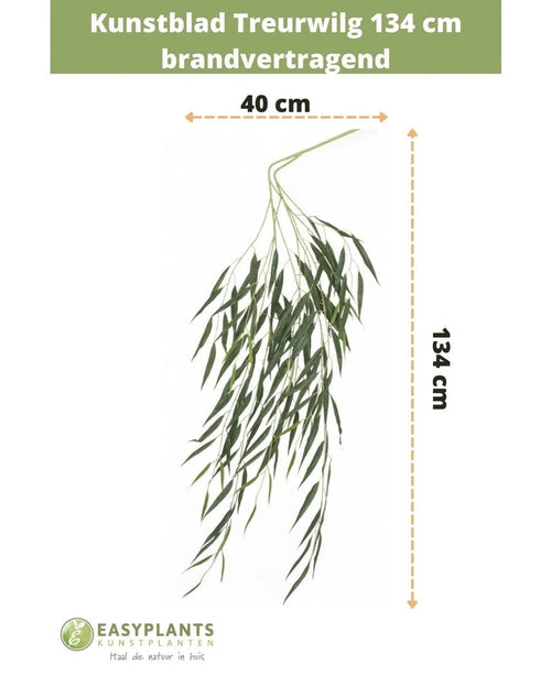 Hoja artificial de sauce llorón de 134 cm, ignífuga, con hojas verdes largas y delgadas (40 cm de ancho). La información de tamaño y marca se muestra en la parte superior e inferior sobre un fondo blanco.
