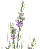 De Kunstgras Gierst Uien graspot 90cm brandvertragend heeft hoge groene stelen met slanke bladeren en kleine, vijfbladerige paarse en witte bloemen verspreid langs de stelen, prachtig weergegeven tegen een witte achtergrond.