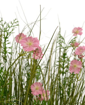 La maceta de césped artificial con flor de Gesang rosa, cebolla, 90 cm, retardante de fuego, tiene flores rosadas con un corazón verde claro que florecen entre hierba alta y delgada y plantas de follaje exuberante, todo sobre un fondo blanco.