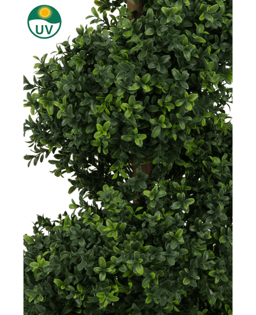 El Boj Artificial Espiral Estilo Romano UV 120cm tiene un follaje verde artificial denso y exuberante con hojas pequeñas y un símbolo de resistencia a los rayos UV con un icono de sol en la esquina superior izquierda.