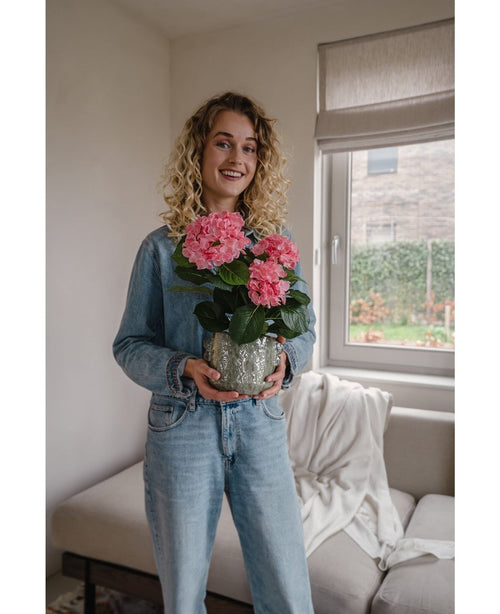 Una mujer con cabello rubio y rizado con una chaqueta vaquera y jeans se encuentra en el interior y sonríe mientras sostiene la planta Artificial Hydrangea Pink UV de 35 cm. Al fondo hay un sofá y una ventana.