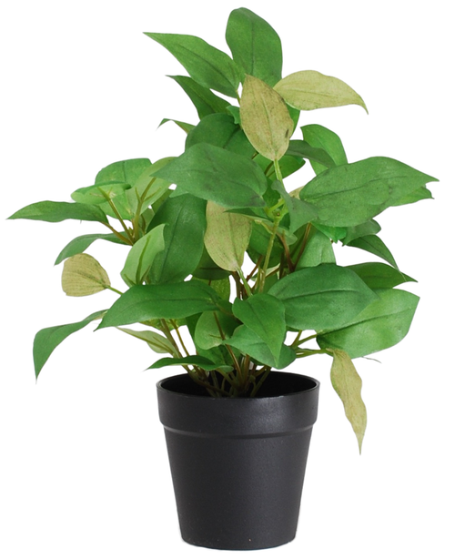 La Planta Artificial "House Wanderer" en maceta de 25 cm tiene hojas verdes y amarillo claro en una sencilla maceta negra, sobre un fondo blanco.
