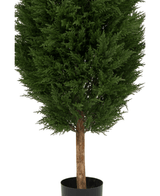 La Planta Artificial Conífera UV 180cm es un árbol artificial verde en maceta con densas hojas de color verde oscuro y tronco marrón, presentado en una sencilla maceta negra sobre fondo blanco.
