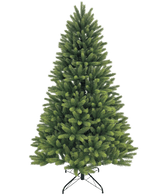 El árbol de Navidad artificial "Ask" 100% PE tiene ramas verdes densas y distribuidas uniformemente hechas de agujas de PE reales. Se apoya en un soporte de metal negro y está representado sobre un fondo blanco liso.