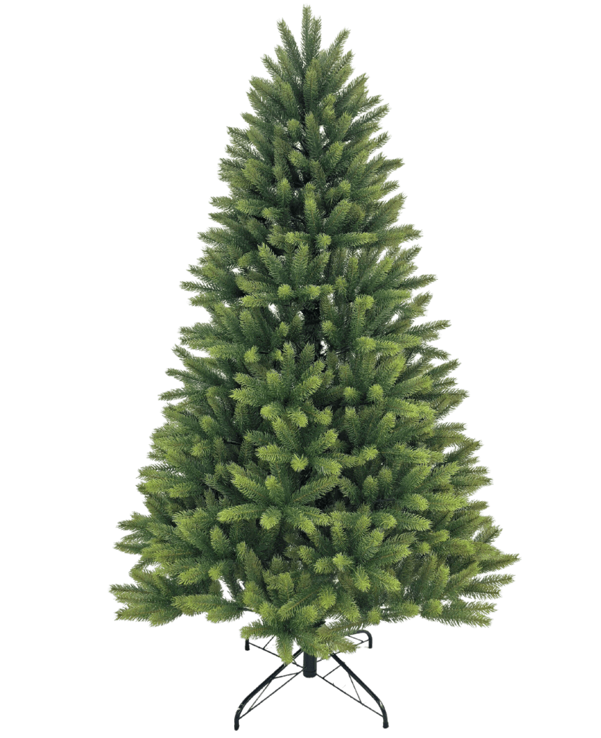 El árbol de Navidad artificial "Ask" 100% PE tiene ramas verdes densas y distribuidas uniformemente hechas de agujas de PE reales. Se apoya en un soporte de metal negro y está representado sobre un fondo blanco liso.