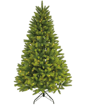 El árbol de Navidad artificial "Ask" 100% PE - Smart LED tiene ramas táctiles reales, iluminación blanca cálida incorporada y se apoya en un soporte de metal negro sobre un fondo blanco liso.