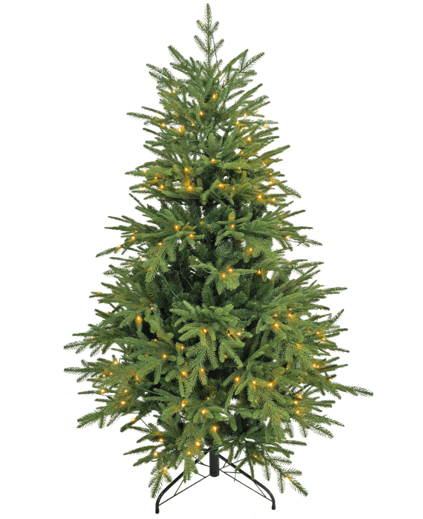 El Árbol de Navidad artificial "Åsmund" PE/PVC - Smart LED es un árbol artificial verde con un soporte de metal negro, equipado con pequeñas luces blancas cálidas distribuidas uniformemente y sin adornos ni copa.