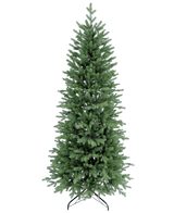 El Árbol de Navidad Artificial Slim "Undset" 100% PE es un árbol de Navidad artificial alto con densas ramas de PE verdes, se siente real y se sostiene sobre una base de metal negro. No está decorado y se muestra sobre un fondo blanco liso.