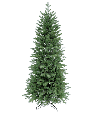 El Árbol de Navidad Artificial Slim "Undset" 100% PE es un árbol de Navidad artificial alto con densas ramas de PE verdes, se siente real y se sostiene sobre una base de metal negro. No está decorado y se muestra sobre un fondo blanco liso.