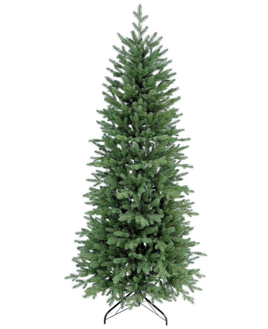 El Árbol de Navidad Artificial Slim "Undset" 100% PE es un árbol de Navidad artificial alto con densas ramas de PE verdes, se siente real y se sostiene sobre una base de metal negro. No está decorado y se muestra sobre un fondo blanco liso.