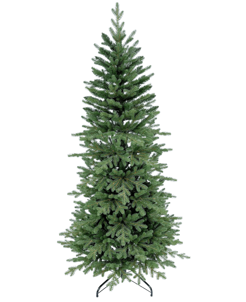 De Kunstkerstboom Slim "Undset" PE/PVC is een hoge, symmetrische kunstboom met dichte, realistische groene takken. Hij staat onversierd op een zwarte metalen standaard tegen een effen witte achtergrond.