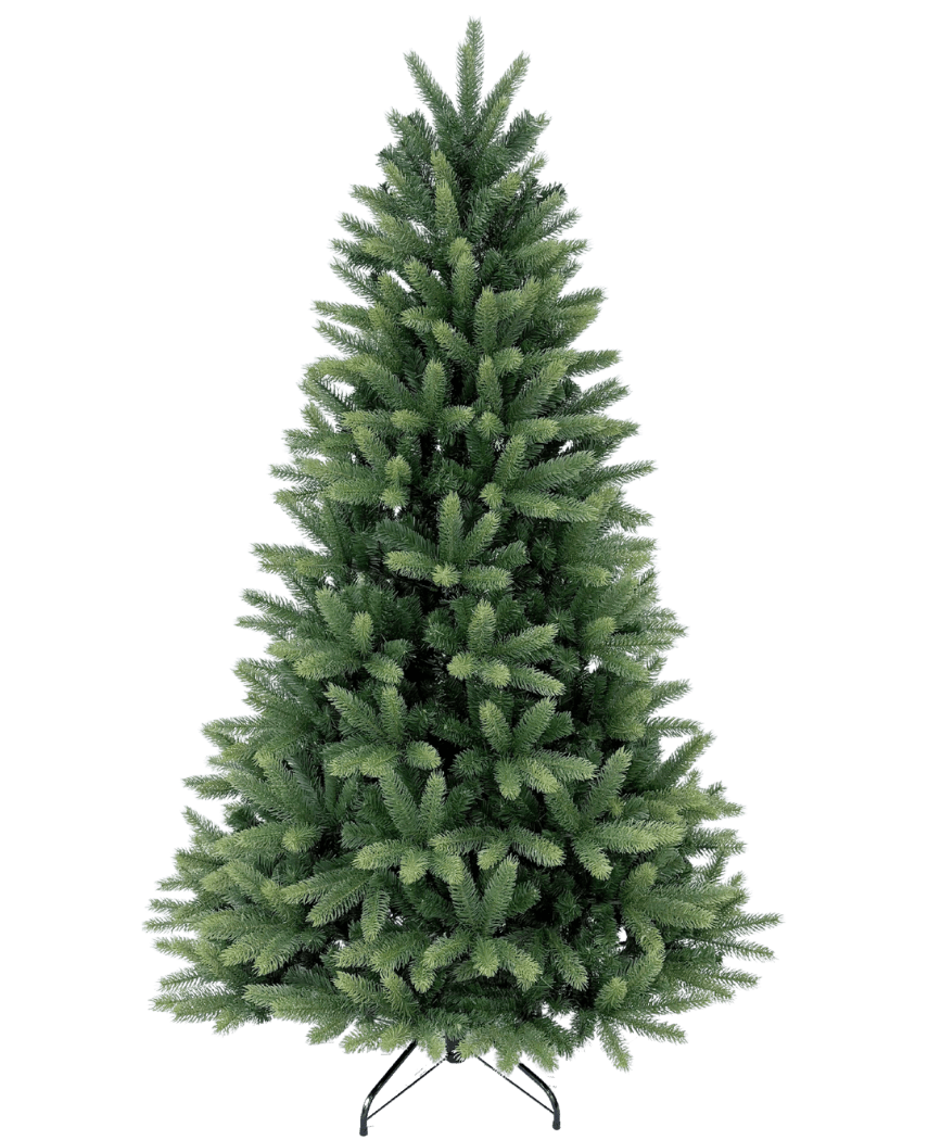 El árbol de Navidad artificial "Weideman" PE/PVC es completo y verde sobre un soporte de metal sobre un fondo blanco liso, listo para colocar sus adornos navideños favoritos.