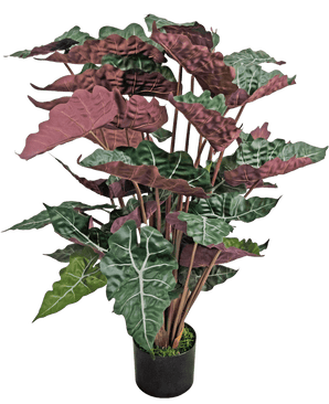 De Kunstplant Alocasia 100 cm groen/rood heeft grote, donkergroene bladeren met prominente witte nerven en roodpaarse onderkanten, gepresenteerd in een zwarte pot.