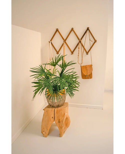 La planta artificial Baby Palm Fan en maceta UV 50 cm se coloca sobre un taburete de madera en una habitación minimalista. Detrás de él, un estante de pared marrón estilo acordeón exhibe bolsos de cuero marrón y tostado contra una pared blanca y nítida.