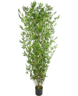 De Kunstplant Bamboe Deluxe 210 cm is een hoge kunstbamboe met slanke groene bladeren en dunne bruine stengels, in een kleine zwarte pot, perfect om groen toe te voegen aan elke ruimte.