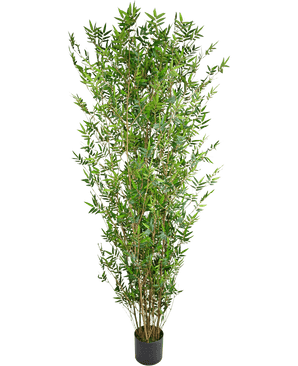 De Kunstplant Bamboe Deluxe 210 cm is een hoge kunstbamboe met slanke groene bladeren en dunne bruine stengels, in een kleine zwarte pot, perfect om groen toe te voegen aan elke ruimte.