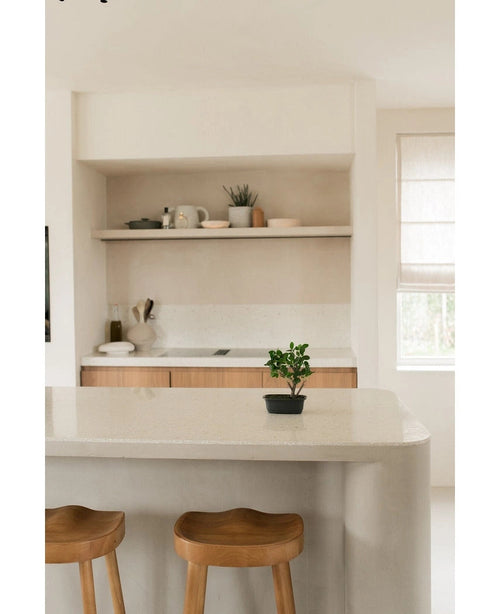 Una cocina minimalista con paredes y alacenas claras, estantes abiertos con platos y una planta, dos taburetes de madera cerca de una isla curva y la planta Bonsái Artificial Ficus de 30 cm en el mostrador cerca de una ventana luminosa.